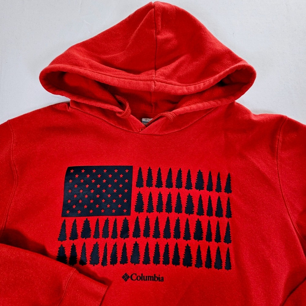 Columbia Mens Red American Flag Tree Graphic Fleece Hoodie XL‎ XM5482
